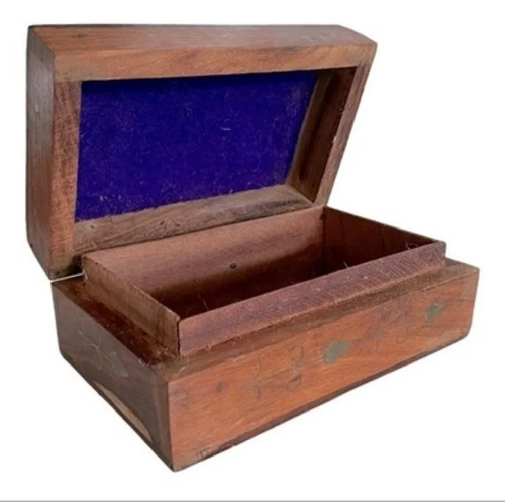 Vintage Wood Jewelry Box Golden Floral Inlay India 6